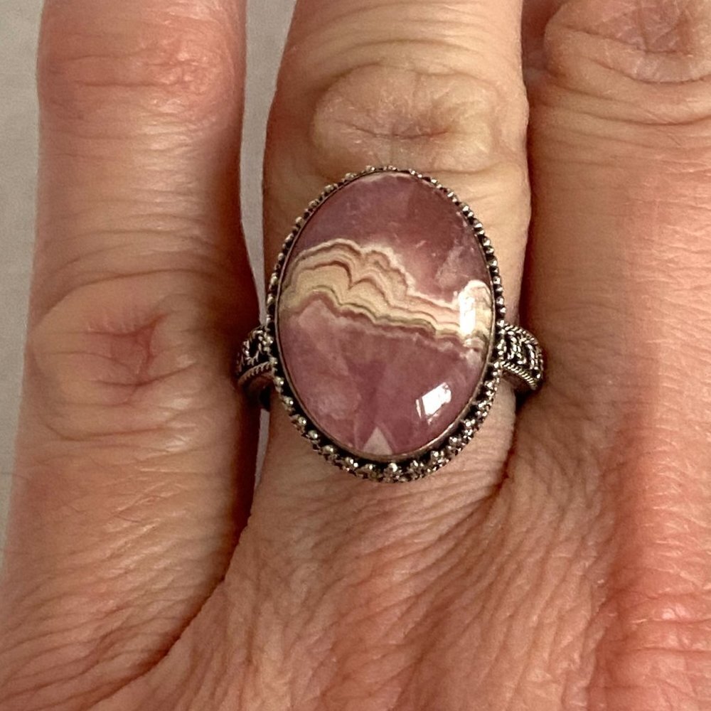 Sterling Silver 925 MNSN Oval Bezel Set Pink Rhodochrosite Cabochon Ring Sz 6.5 - Picture 2 of 16